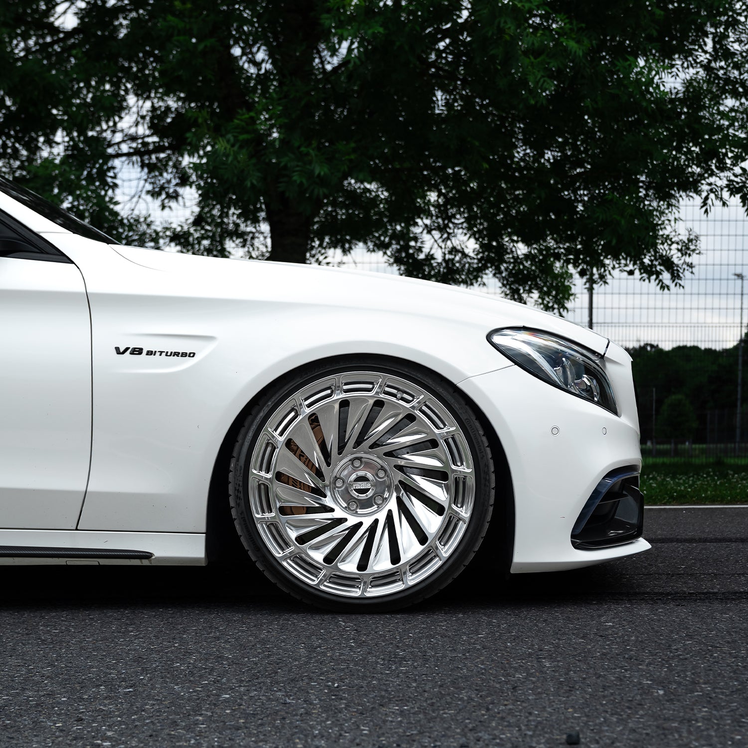 Mercedes-Benz C63S W205 with Radi8 R807 Silver 20 Inch wheels – side view stance fitment